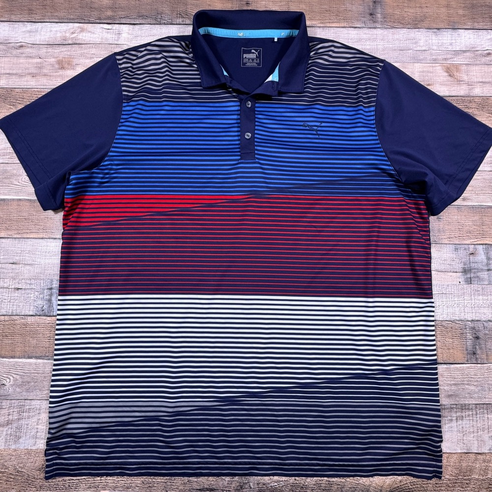 Puma Dry Cell Mens XXL Polo Shirt Blue Red White Striped Golf Performance Top